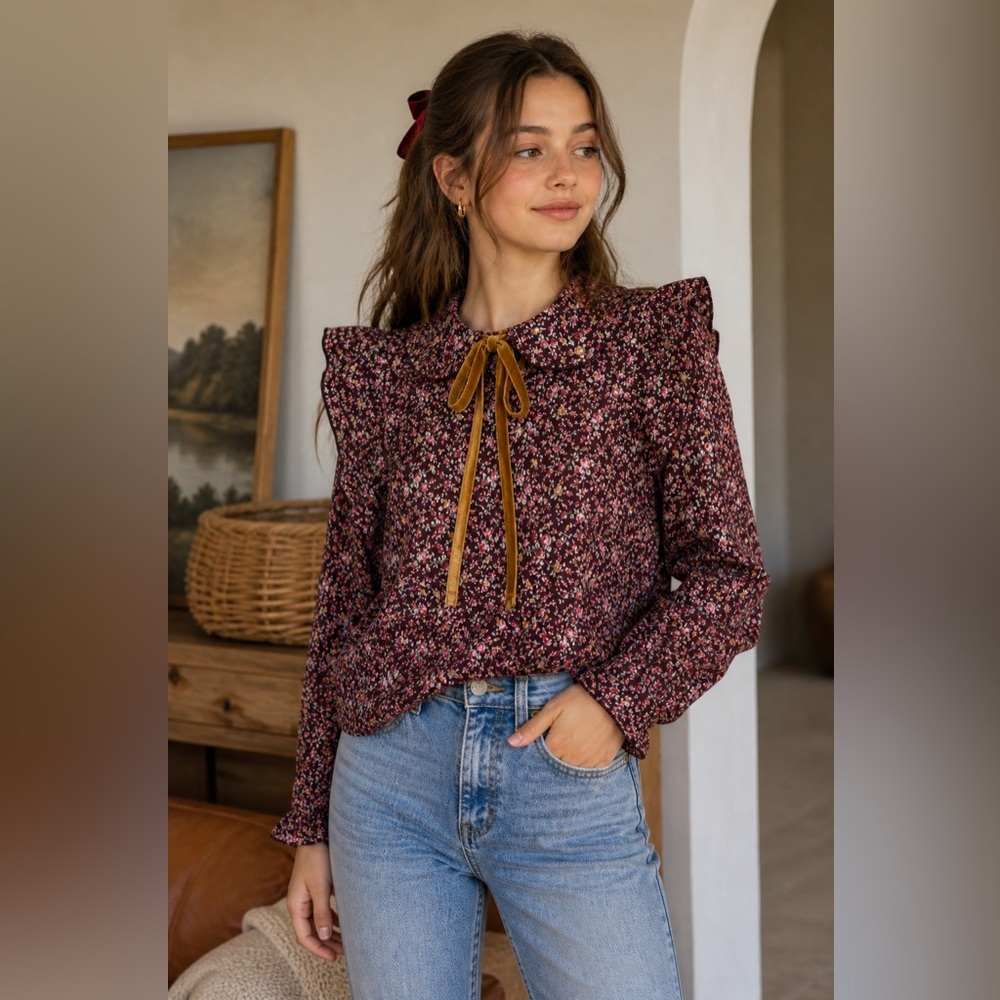 KidiChic Floral Ruffle Blouse – Burgundy Vintage-Inspired